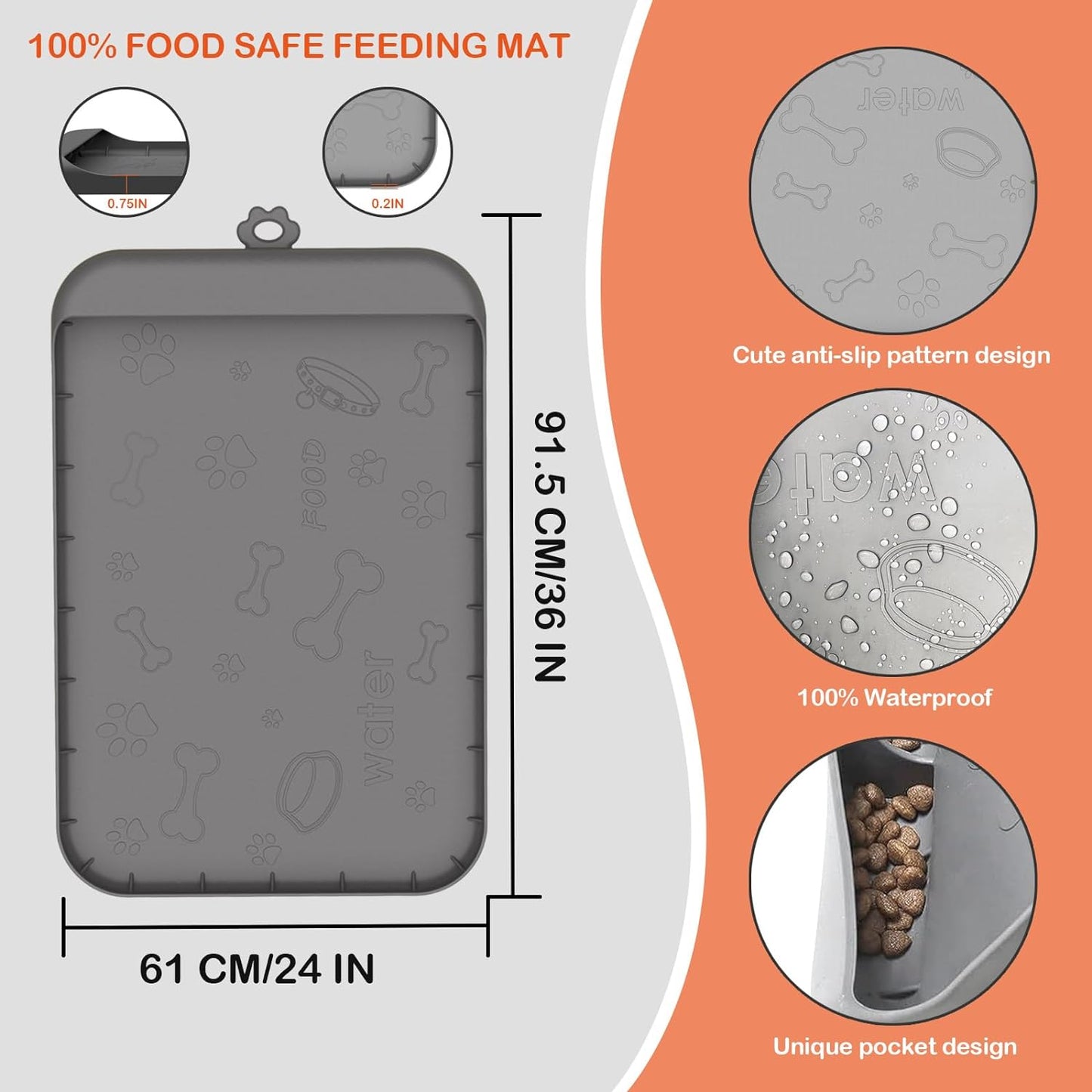 Tomxcute Non-Slip Waterproof Pet Placemat For Medium and Small Pet (36" *24", Grey)