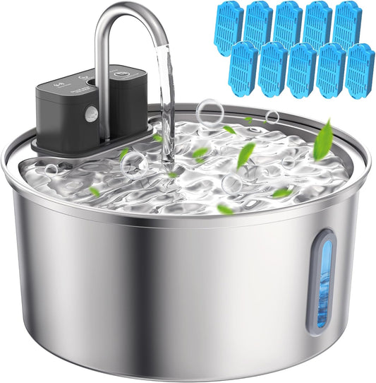 Wireless Cat Water Fountain 10Pcs Filters - 108oz/3.2L, Stainless Steel Battery Operated Pet Fountain