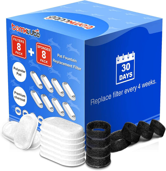 Official Tomxcute Cat Water Fountain Replacement Filters - 16 Pack Cat Fountain Filter for 3.2L/108oz & 4L/135oz Pet Water Fountain, Three-Layer Filtration Replacement Filters(8+8 Pack), 4 Month Set