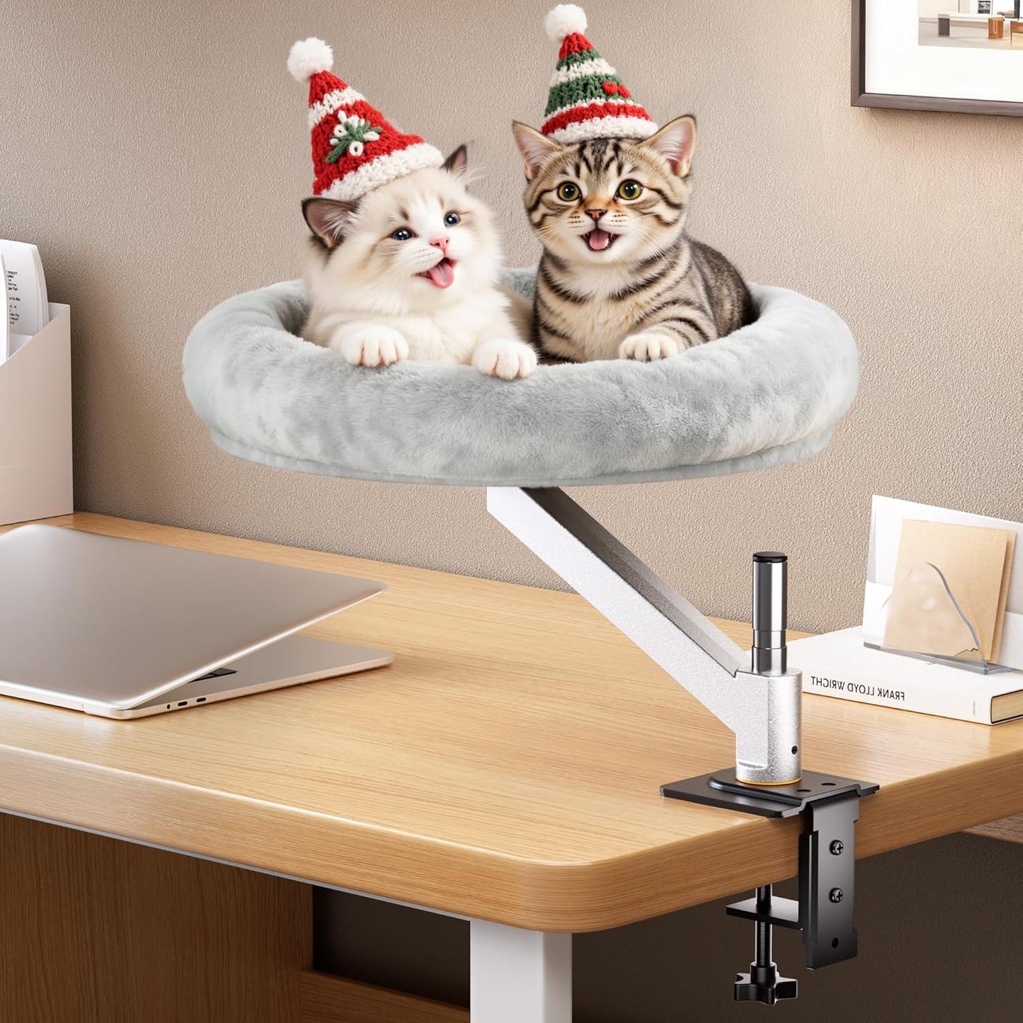 tomxcute Cat Desk Bed - Integrated Die-Cast Arm for Stability - 360° Rotation & Height Adjustable - 45 lbs Support - Cat Desk Perch for S/M/L Cat - Removable Washable Office Cat Bed with Wooden Base