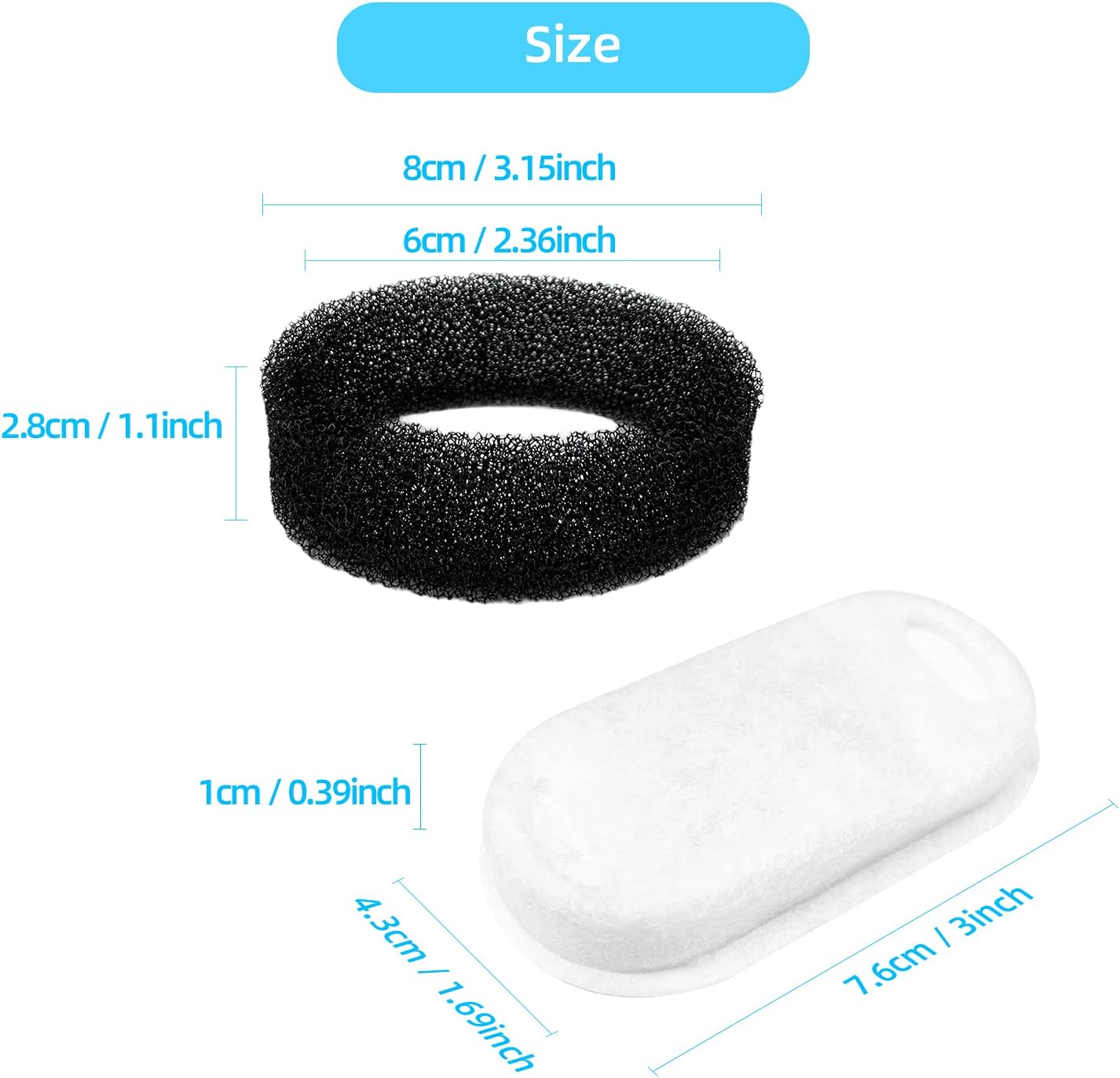 Tomxcute 8 Packs Filters & 8 Sponges Foam Filters for 108oz/3.2L and 135oz/4.0L Adjustable Water Flow Pet Water Fountain