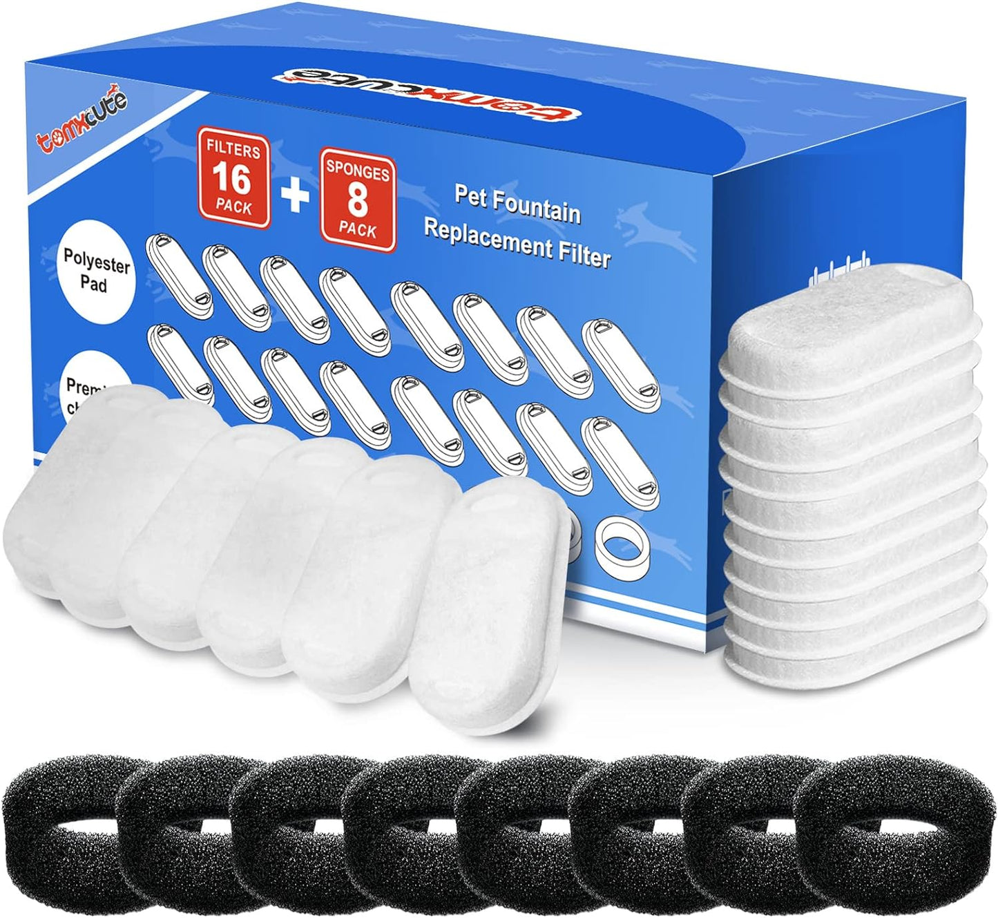 Tomxcute 16 Packs Filters & 8 Sponges Foam Filters for 108oz/3.2L and 135oz/4.0L Adjustable Water Flow Pet Water Fountain   Tomxcute 16 Packs Filters & 8 Sponges Foam Filters for 108oz/3.2L and 135oz/4.0L Adjustable Water Flow Cat Water Fountain