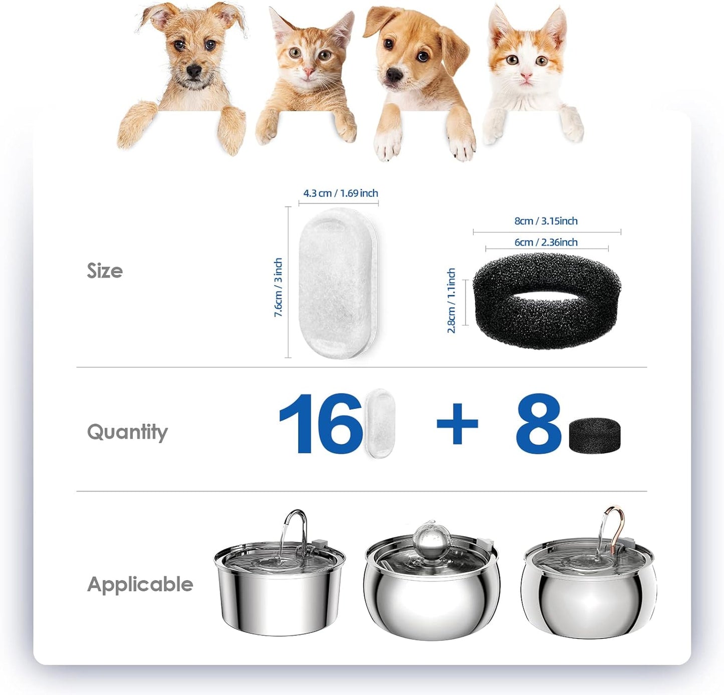 Tomxcute 16 Packs Filters & 8 Sponges Foam Filters for 108oz/3.2L and 135oz/4.0L Adjustable Water Flow Pet Water Fountain   Tomxcute 16 Packs Filters & 8 Sponges Foam Filters for 108oz/3.2L and 135oz/4.0L Adjustable Water Flow Cat Water Fountain